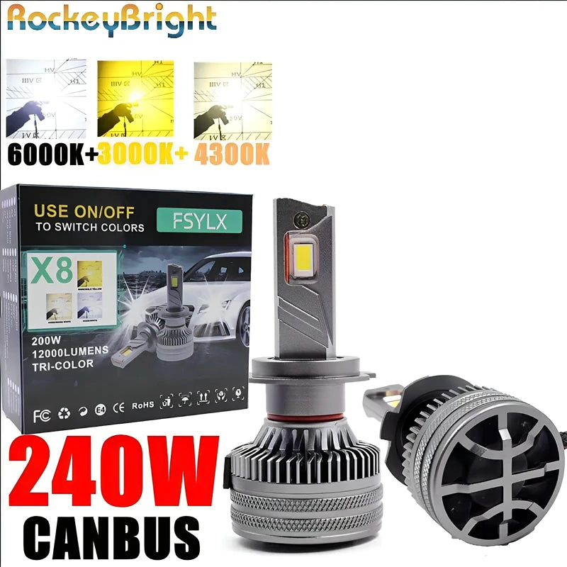 X8 240W LED Headlights 30000LM High Brightness Car Fog Light 4300K 6000K 3000K 3 Color Compatible with H7 H1 H11 9005 H4 12V 24V