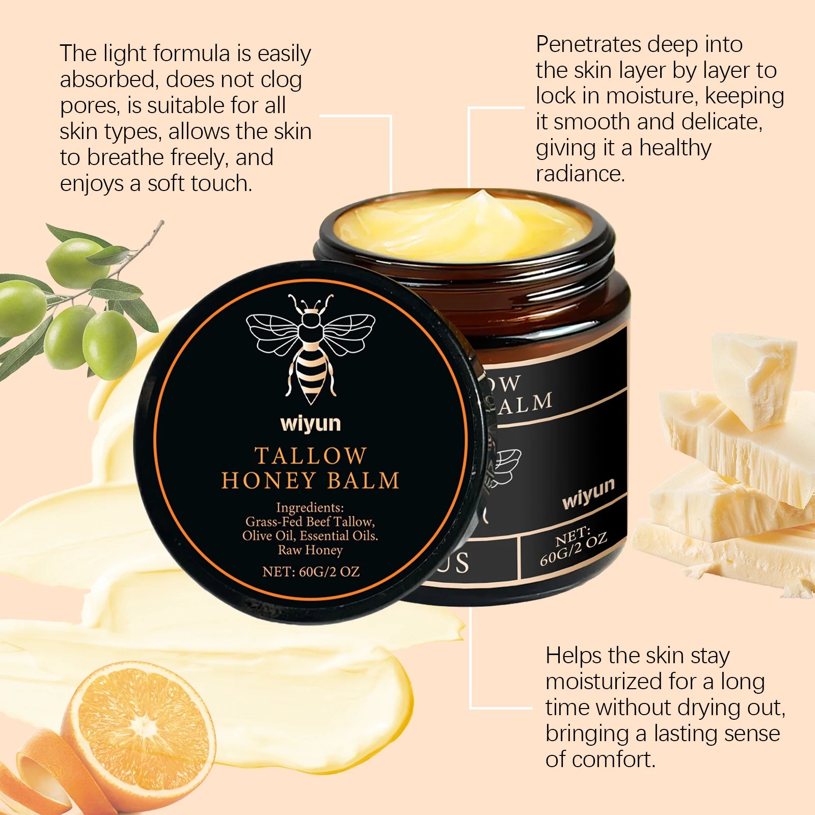 Beef Tallow Honey Moisturizer  Whipped Tallow Face Cream Body Lotion Non Greasy Nourishing Fast Absorption Skin Care