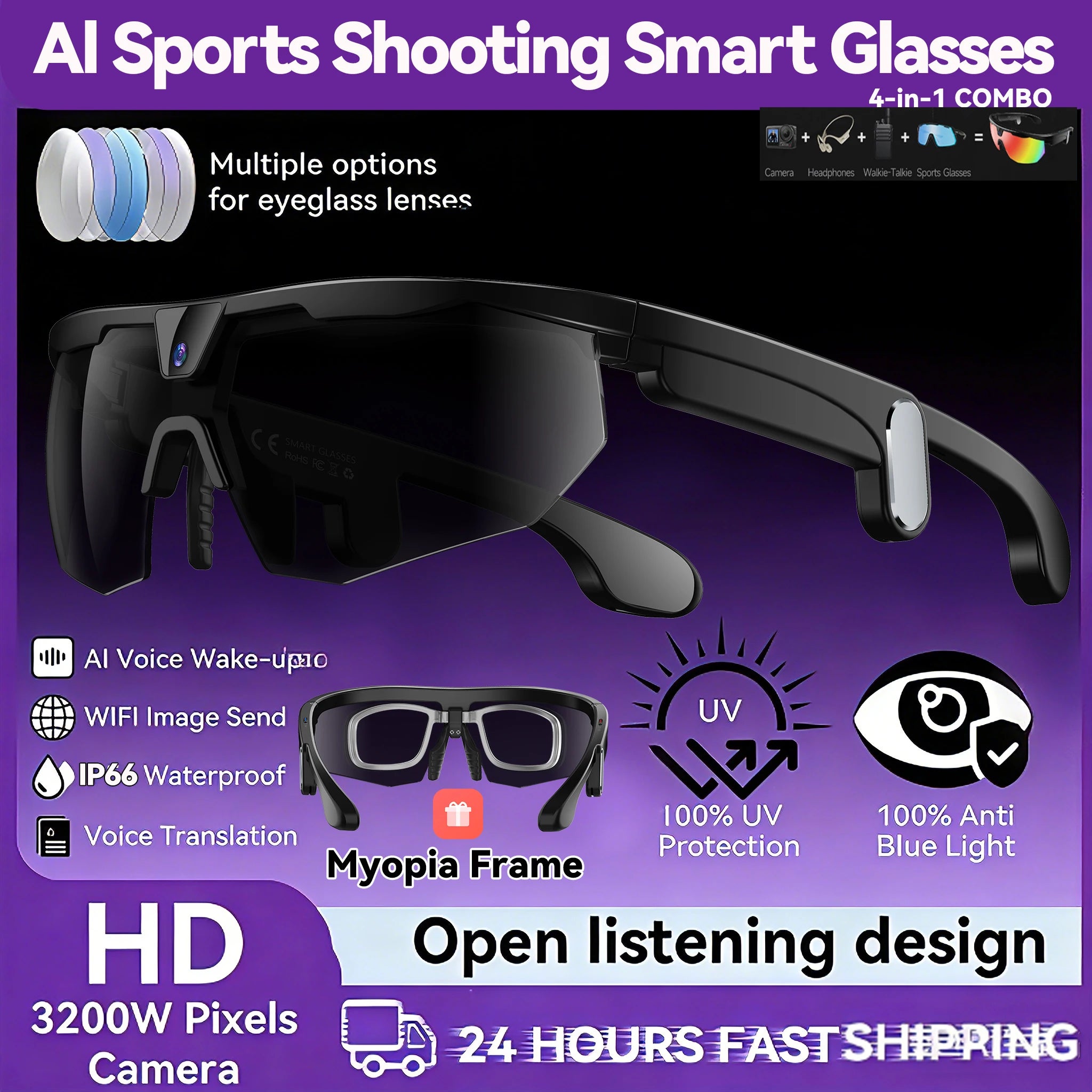 New AI smart glasses for outdoor cycling featuring an 800p camera and a compact, high-definition anti-shake action camera