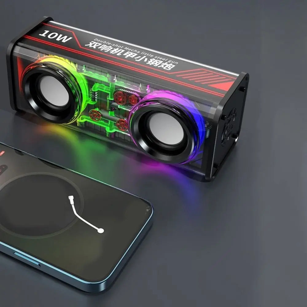 Bluetooth 5.0 V8 Transparent Mecha Speakers Double Bass Diaphragm TWS Stereo Wireless Double Bass 1800mAh Battery RGB Light