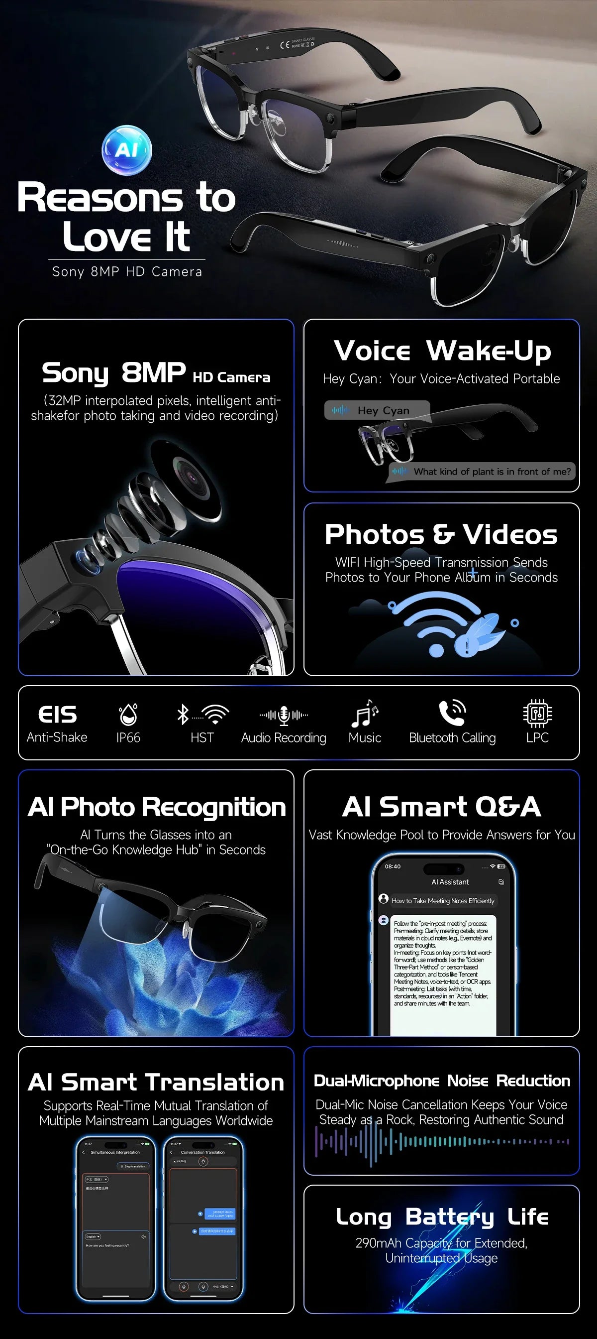 AI Smart Glasses with 800W Pixel Camera Photo Video Recording 120+Language Translation Sunglasses Men Women 2026 New Year's Gift