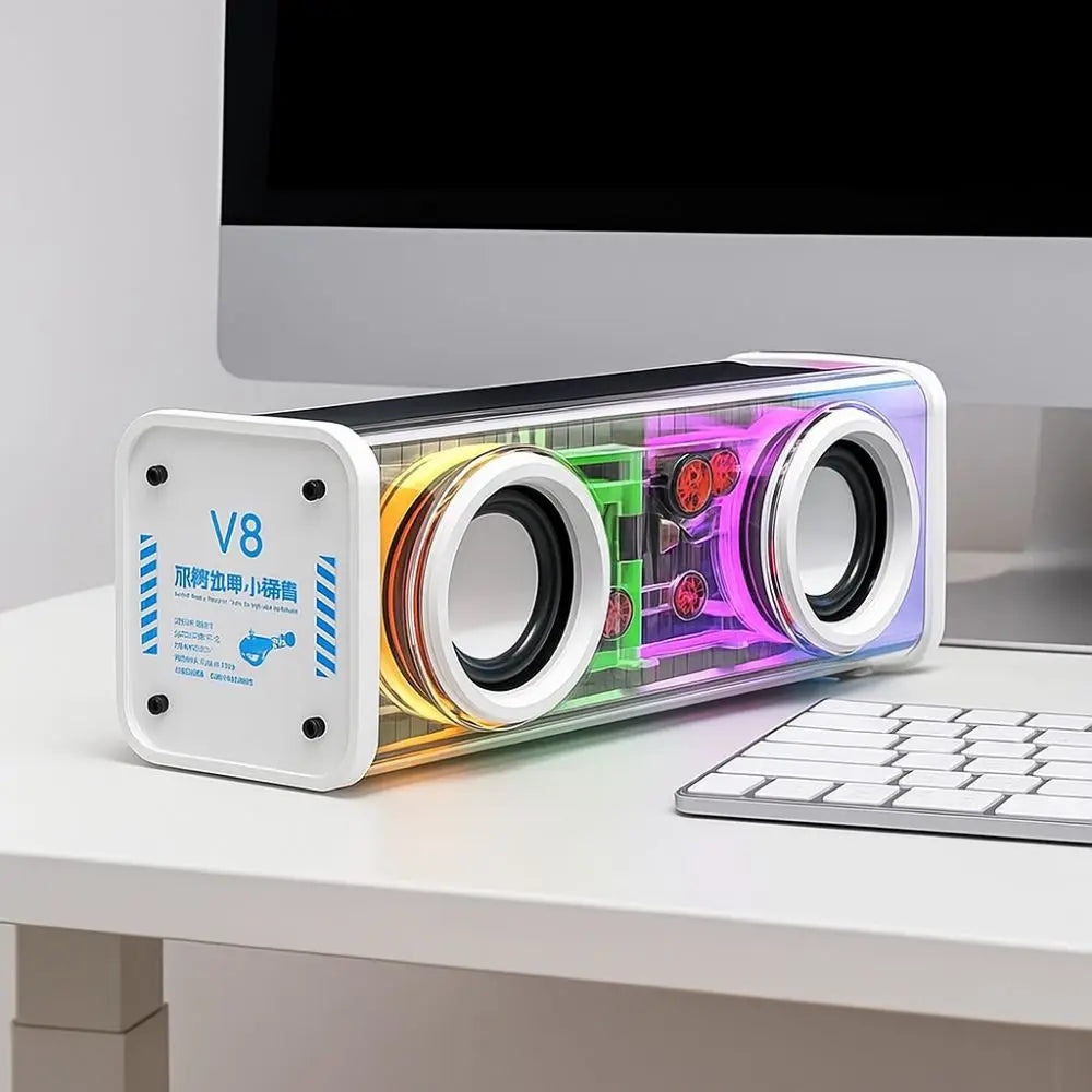 Bluetooth 5.0 V8 Transparent Mecha Speakers Double Bass Diaphragm TWS Stereo Wireless Double Bass 1800mAh Battery RGB Light