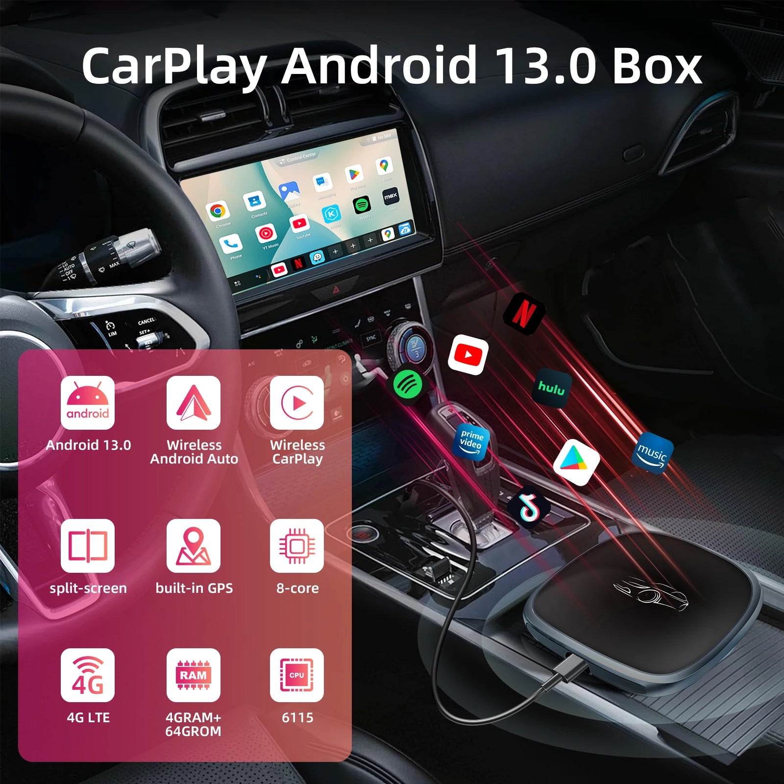 3-in-1 System Android 13 Car Video Ai Box for Wireless CarPlay Adapter/Android Auto, Ai Box Carplay with GPS, Bluetooth, Wifi
