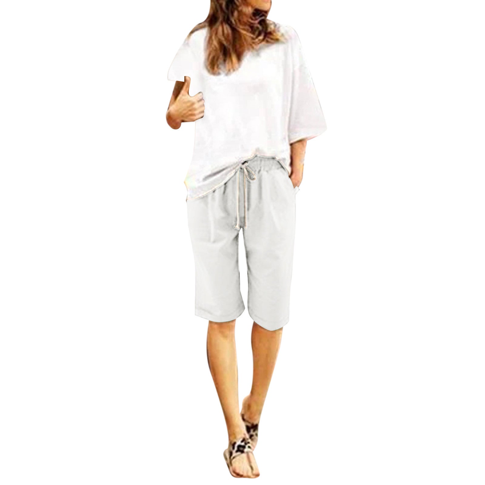 Five Point Pants For Women Summer Cotton Pants Plus Size High Waisted Shorts Lacing Beach Trousers Knee Length Workout Pocket