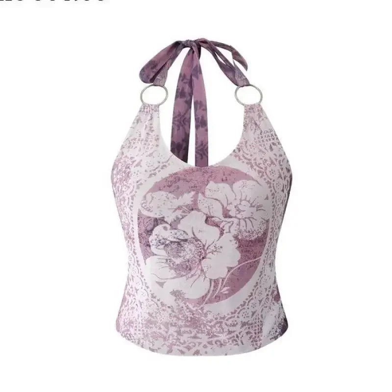 2000s Japanese Fairycore Streetwear Tshirt Subculture Gothic Print Halter Vest Sleeveless Lace Up Y2k Crop Top Vintage Tank Tops