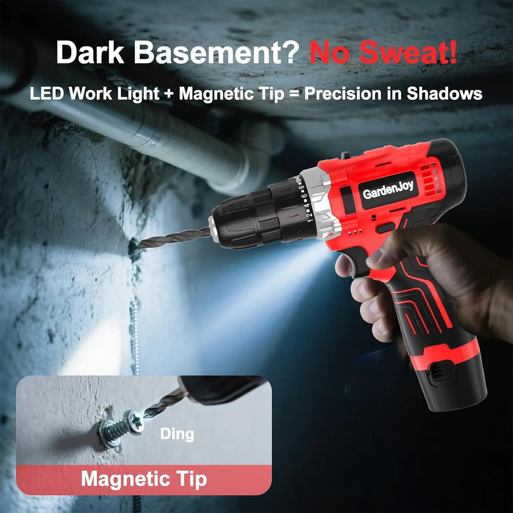12V Cordless Drill Kit with 2 Batteries, Fast Charger, Lightweight, 2-Speed, 24+1 Torque, LED Light for DIY Wood/Metal