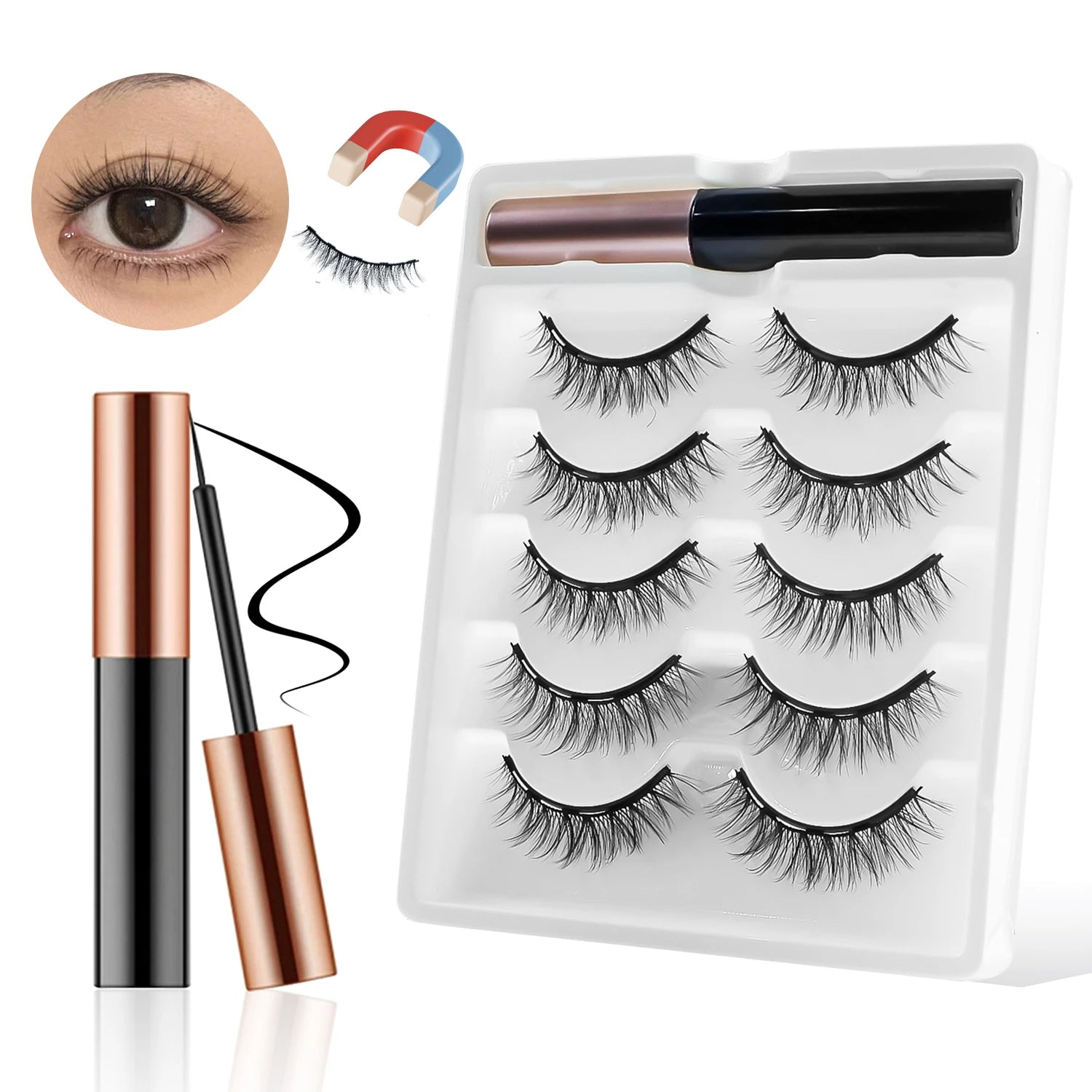 REDSIREN Natural Magnetic Lashes Makeup 1/5Pairs Reusable Magnetic  Eyelashes and Eyeliner Kit
