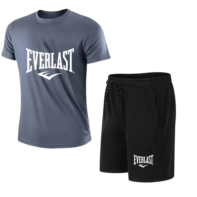 EVERLAST men's t-shirt and shorts 2 pcs. Short Sleeve Breath Rest Set Sport Jogging Gym Set Brand Clothing With Print