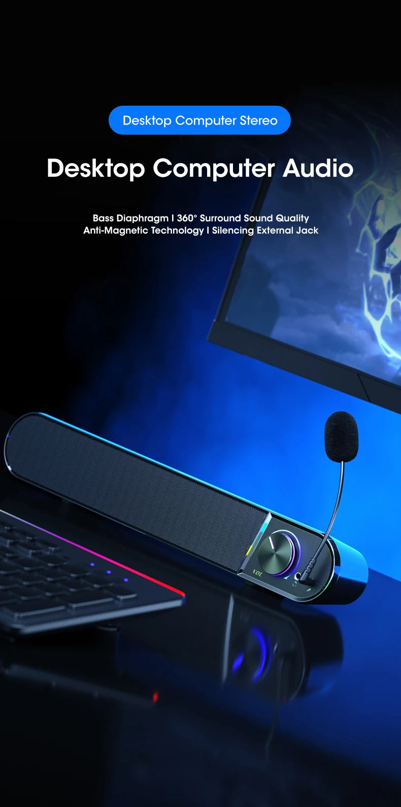 Bluetooth 5.0 4D Surround Soundbar Home Theater Stereo Subwoofer Wired Wireless Speaker for PC Laptop Gaming Movies