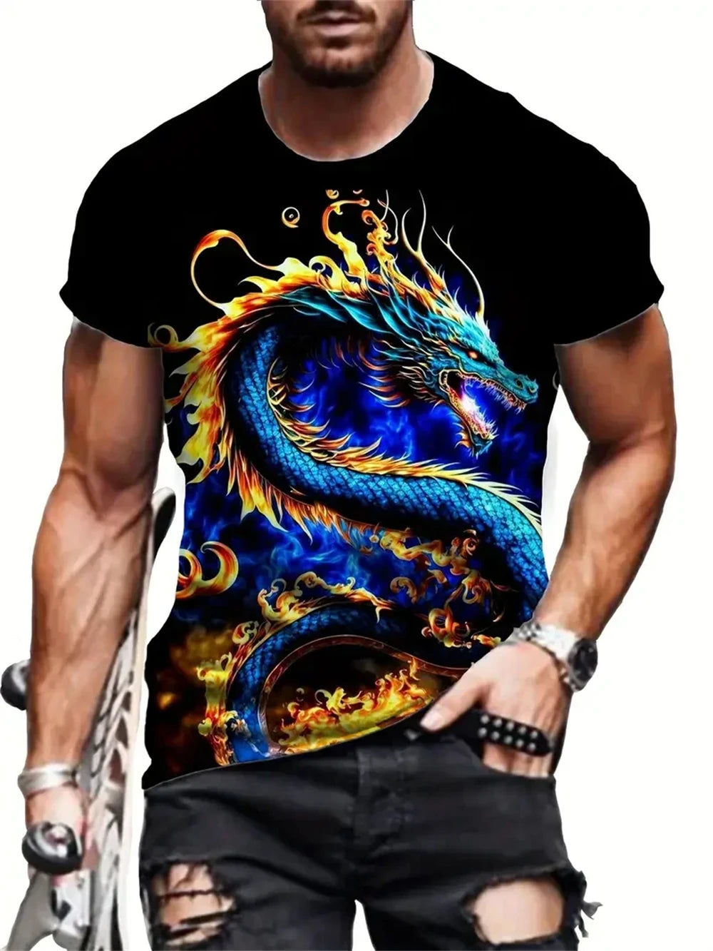 Mens Dragon Print Cotton Blend T-shirt - Stylish Crew Neck Comfortable & Breathable for Summer