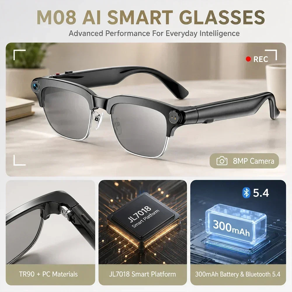 2026 New AI Smart Glasses 8MP Camera 1080P Video Recording Bluetooth Calling WiFi Transfer ENC Noise Reduction 300mAh Battery