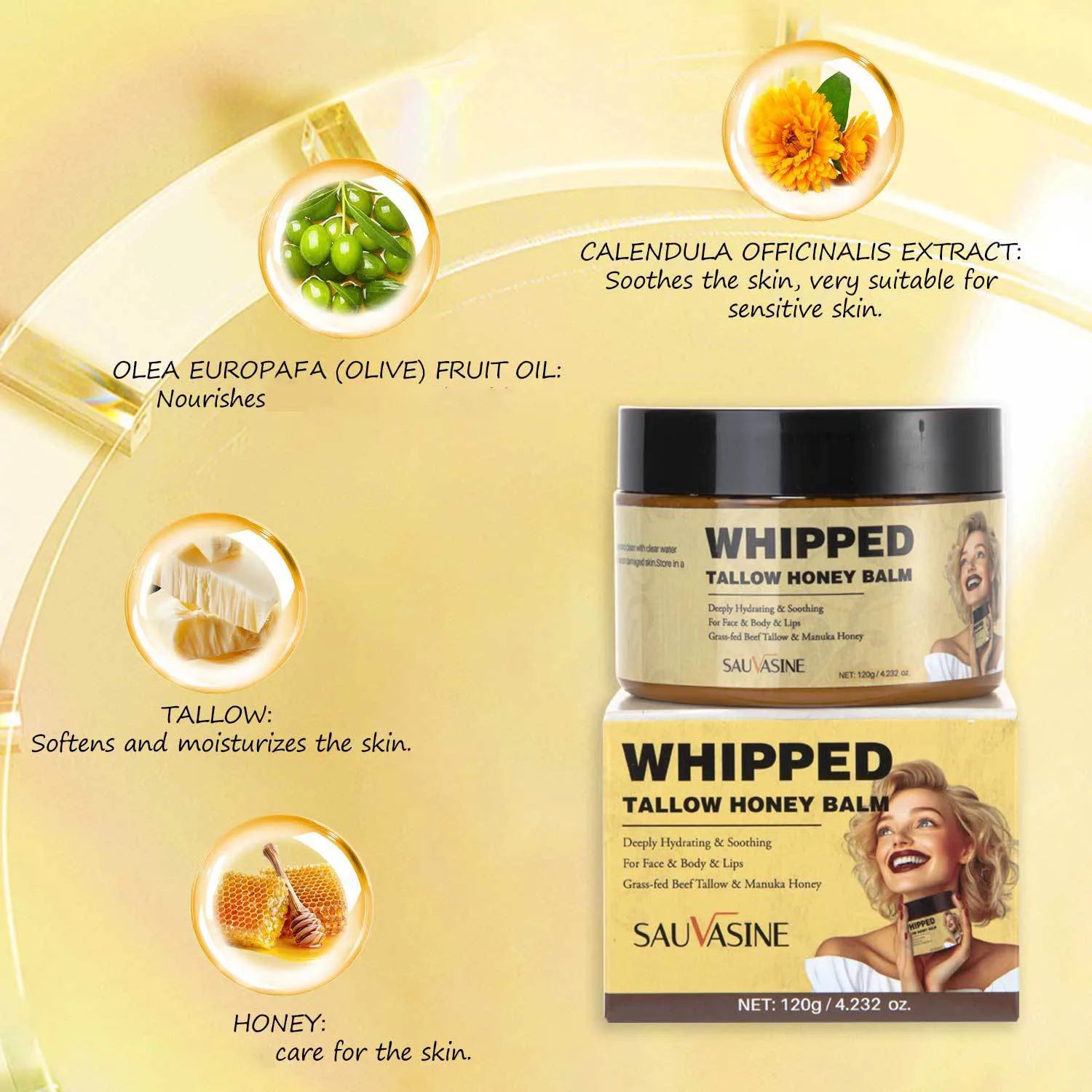 120g Whipped Beef Tallow Honey Balm Honey Olive Oil Face Cream Body Lotion  Moisturizing Grass Fed Grass Finished Cream