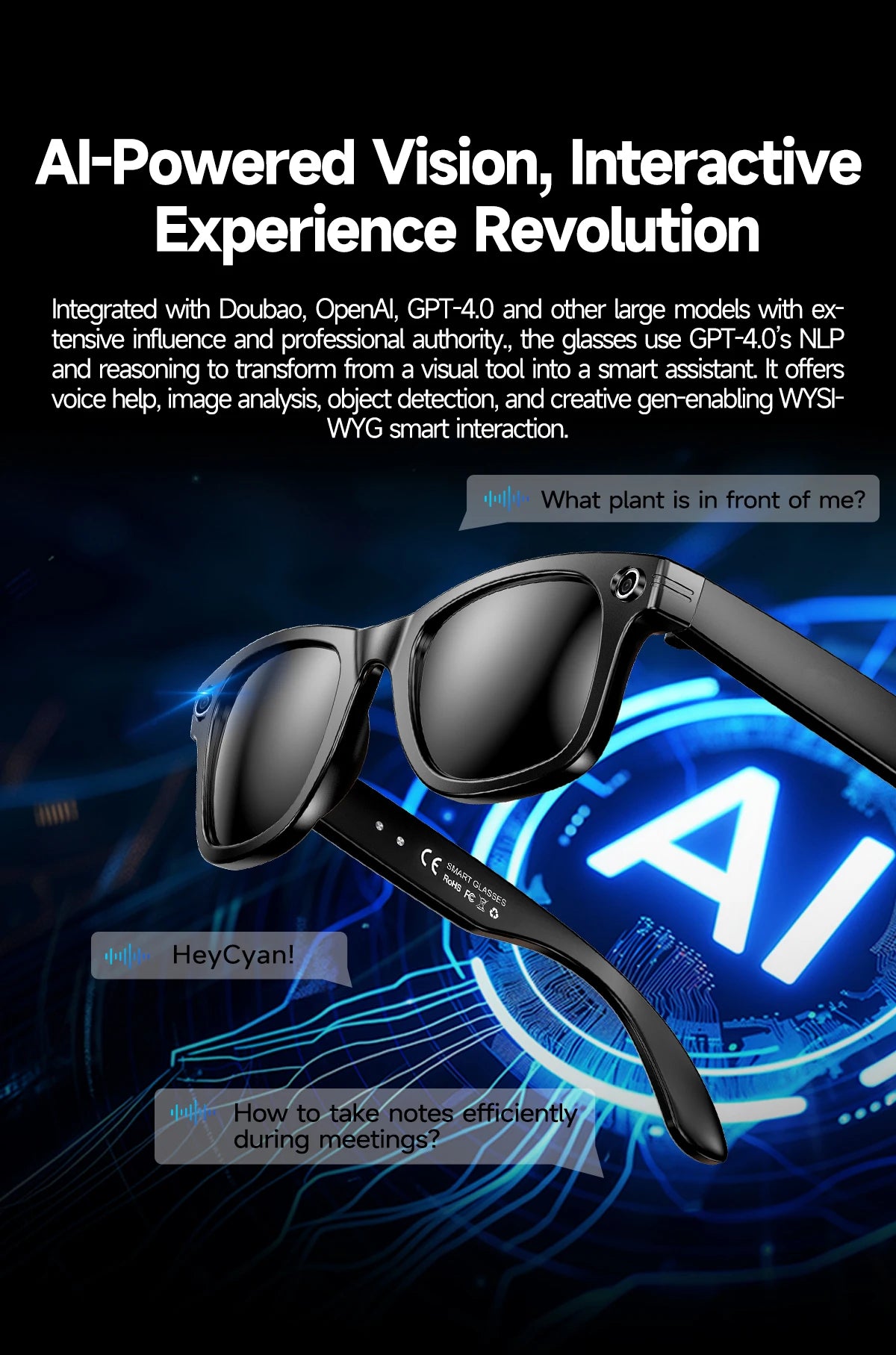AI Smart Glasses 800W Anti Shake Camera Video Recording Languages Translation Sunglasses For Man Woman Bluetooth Call Music Play