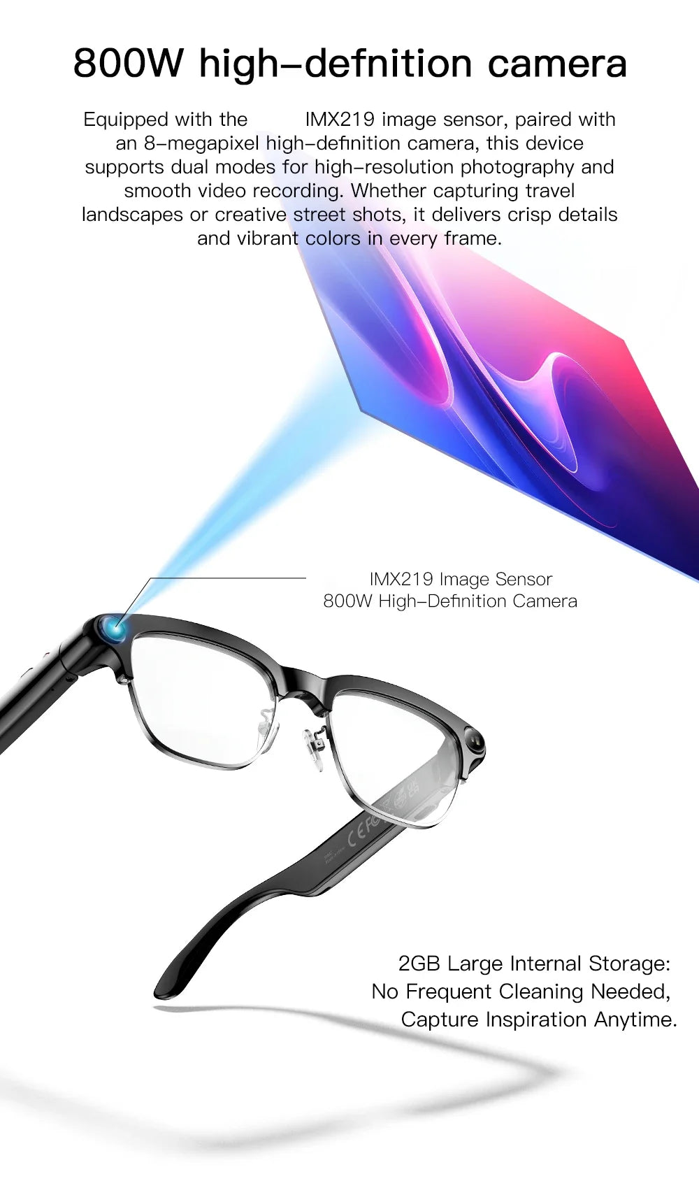 AI Smart Glasses 800W HD Camera Real-Time Translation Voice Assistant Bluetooth Wearable 2GB RAM 300MAH Smart Glasses Men Women