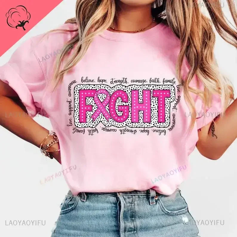 Breast Cancer Awareness We Wear Pink Awareness Ribbon Aesthetic Clothes Pink and White Tops Shirt