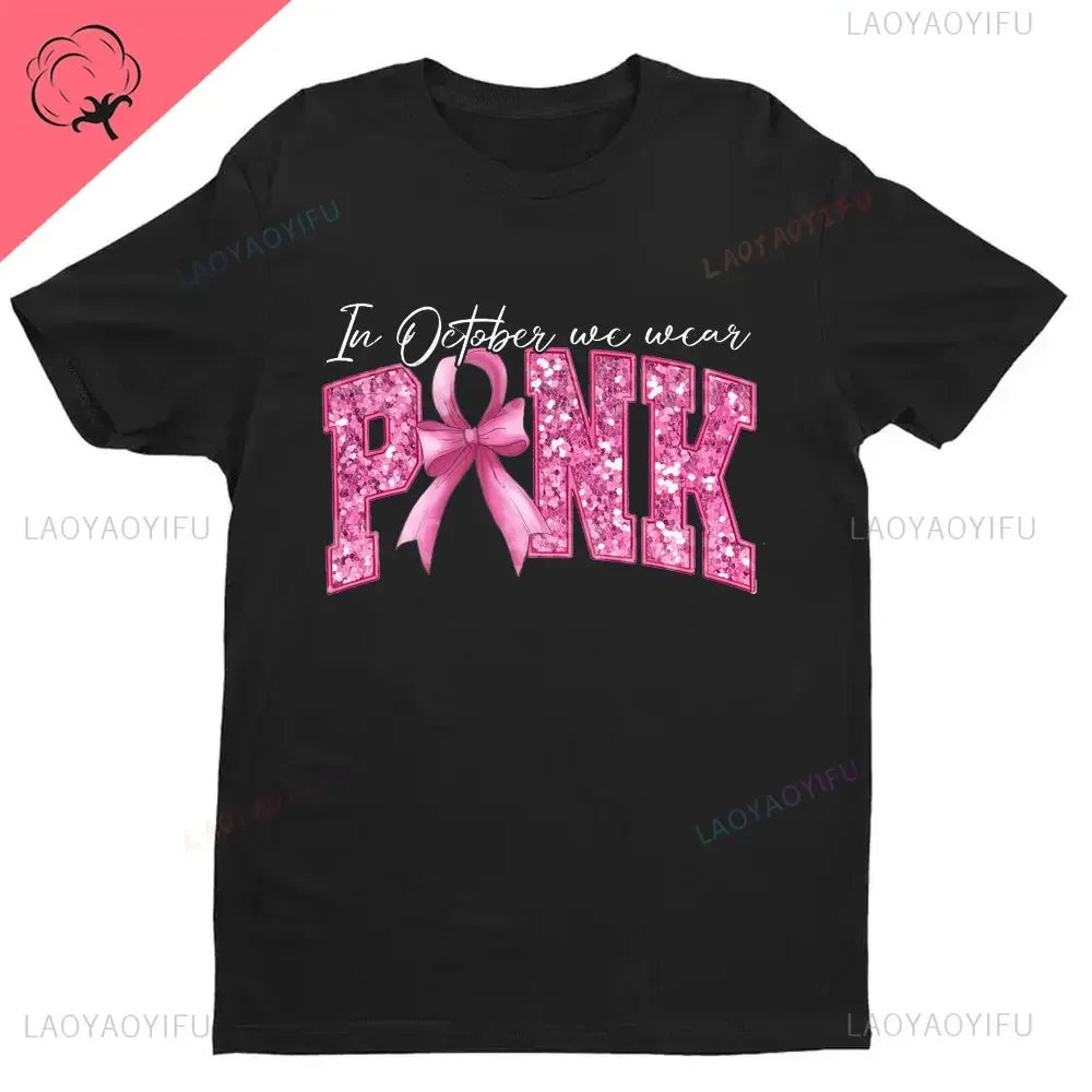 Breast Cancer Awareness We Wear Pink Awareness Ribbon Aesthetic Clothes Pink and White Tops Shirt