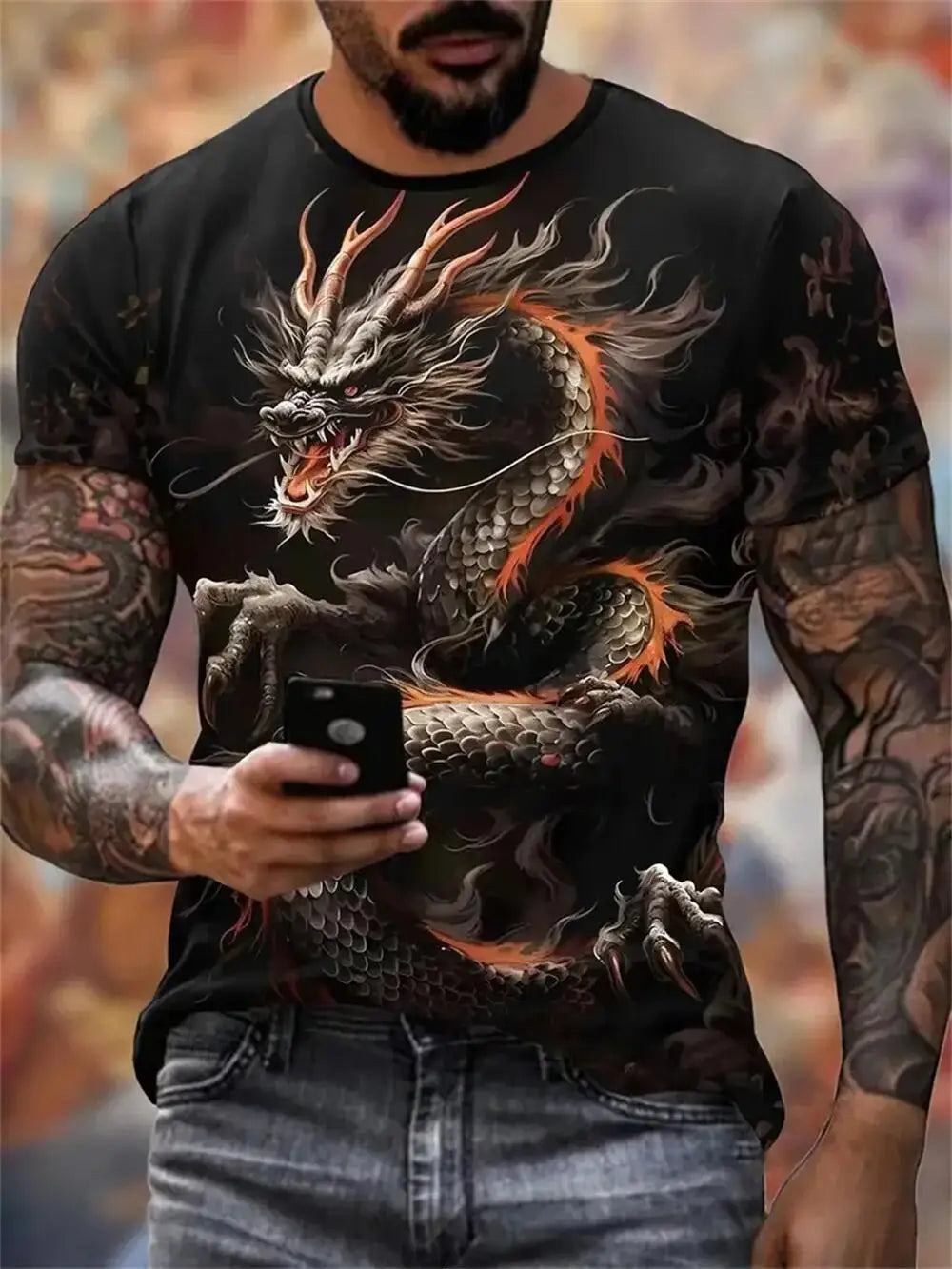 Mens Dragon Print Cotton Blend T-shirt - Stylish Crew Neck Comfortable & Breathable for Summer
