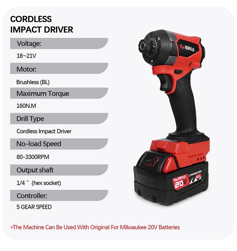 Electric Goddess Impact Driver 160NM Electric Driver For 20V Milwaukee Lithium Battery Brushless screwdrivers Power Tool ﻿