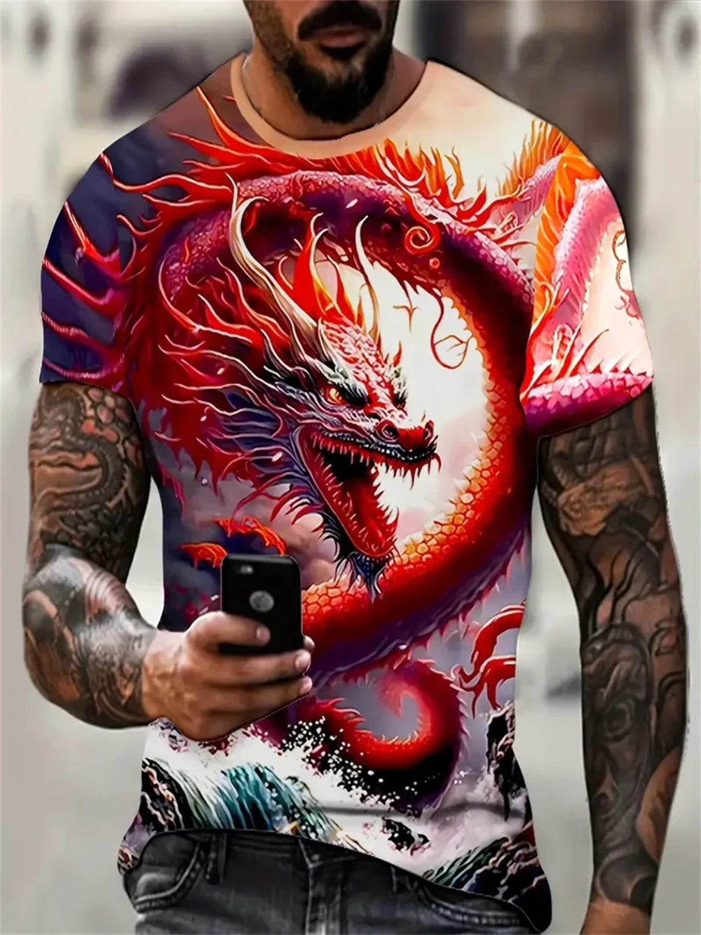 Mens Dragon Print Cotton Blend T-shirt - Stylish Crew Neck Comfortable & Breathable for Summer