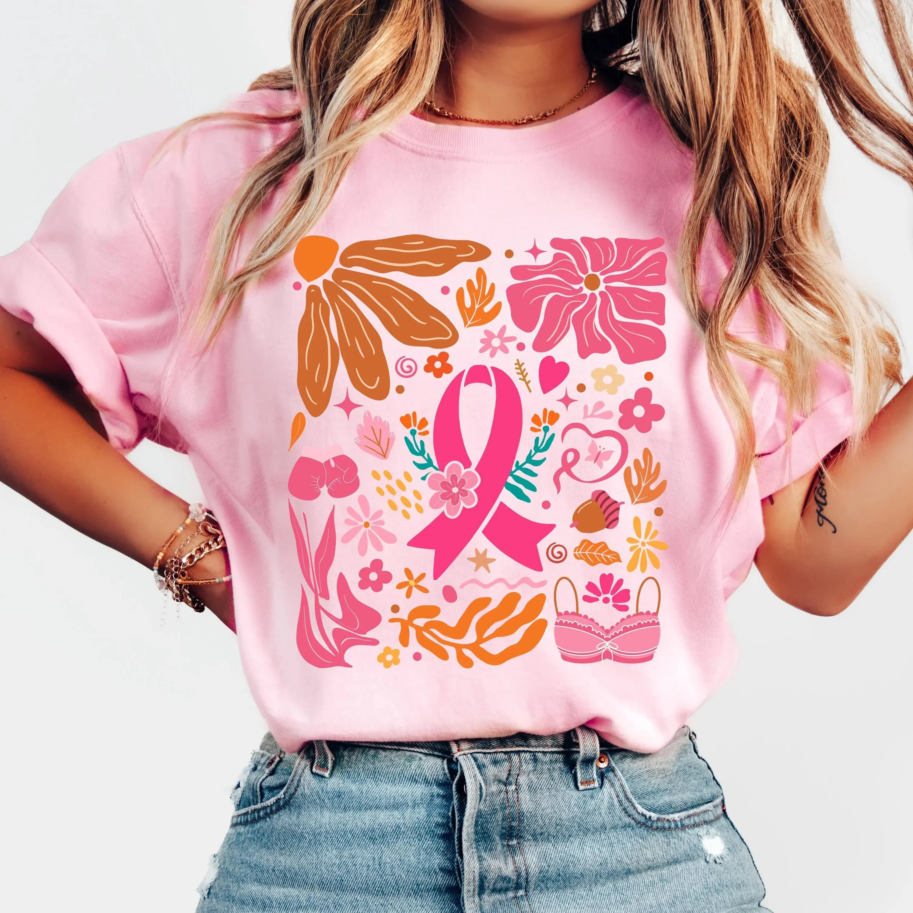 Breast Cancer Awareness We Wear Pink Awareness Ribbon Aesthetic Clothes Pink and White Tops Shirt