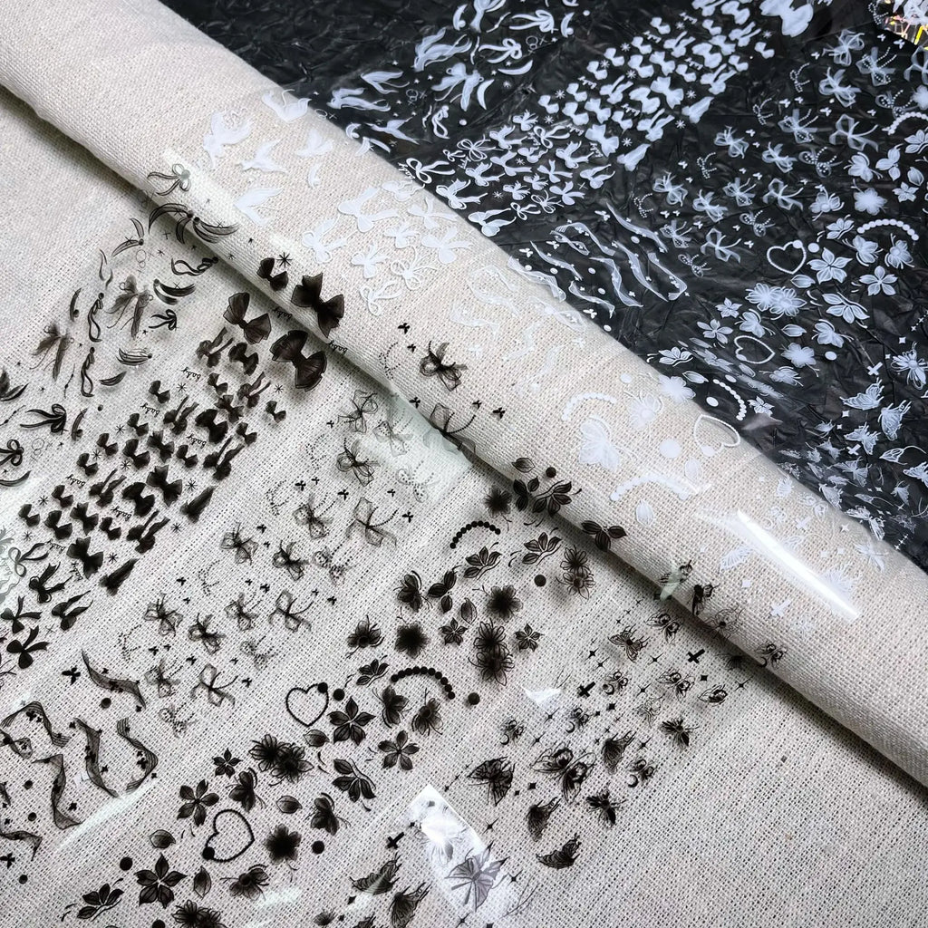 1 Box Black White Strapes Nail Foils for Transfer Paper Bowknot Flowers Nails Wraps Denim Plaid Nail Art Decorations