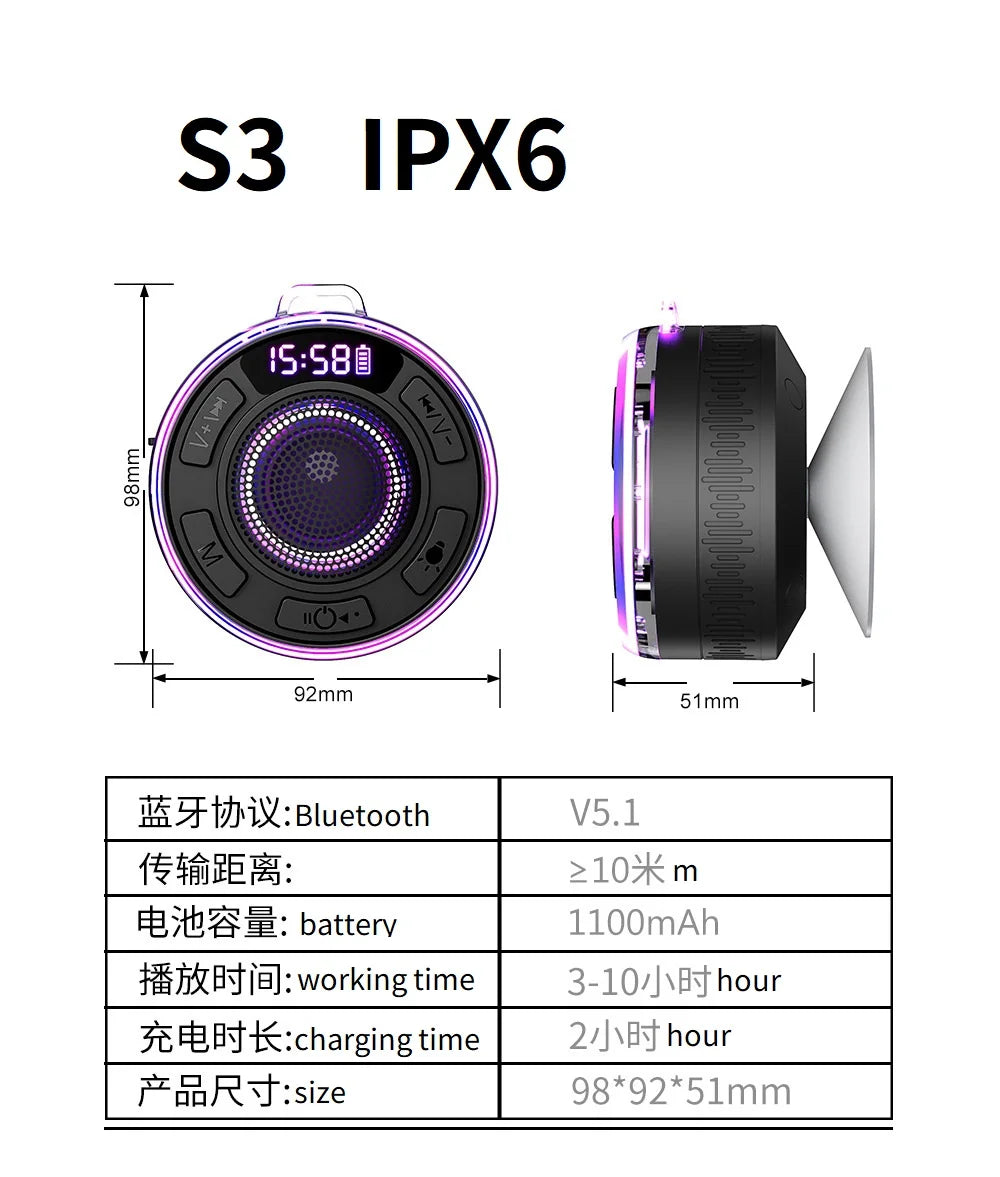 s3 Bluetooth Shower Speakers subwoofer Wireless Speaker S5 IPX7 Waterproof ENC Speakers IPX7 Waterproof Built-in Mic 10 hours