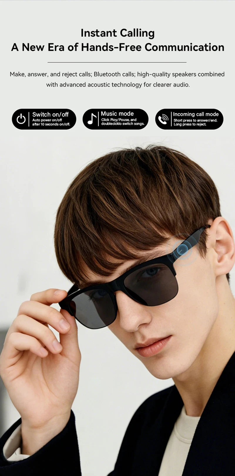 AI Smart Glasses Translation Hands-Free Calling AI Chat Logging Music Playback Men Bluetooth Sunglasses Touch Control Camera