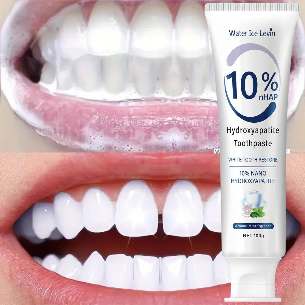 Hydroxyapatite Toothpaste Restores White Teeth. Protects Gums. Deep Cleans. Brightens Smile. Fresh Mint.