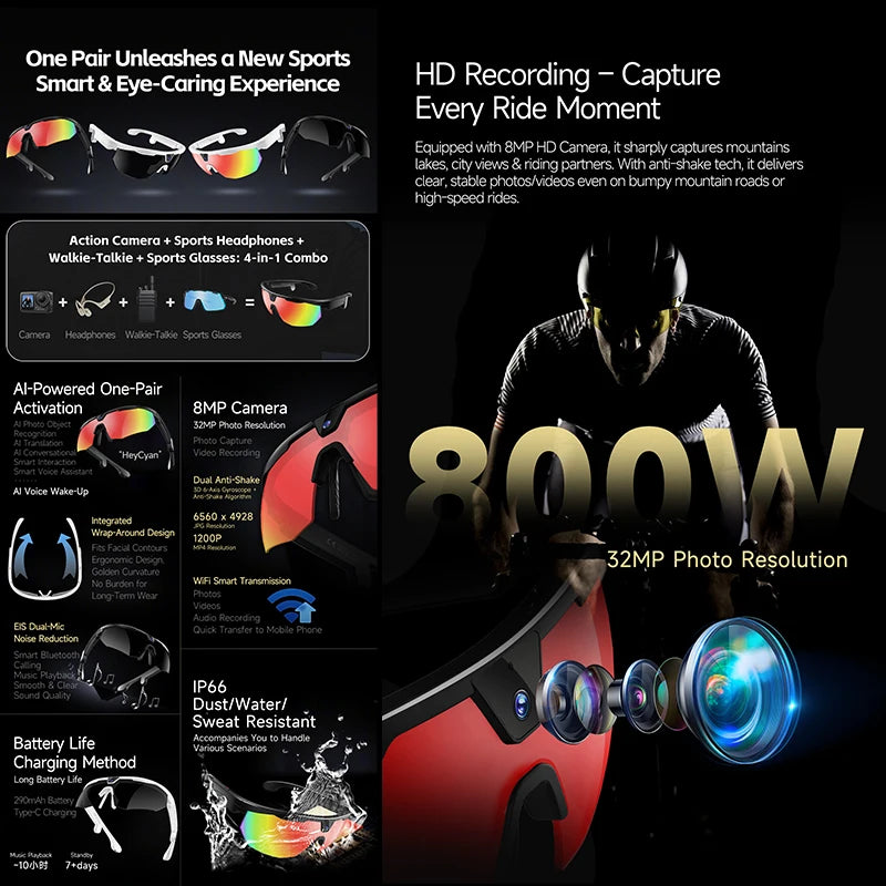 2026New AI Smart Glasses 1200P Camera 4K Anti-Shake Cycling Waterproof Goggles AI Voice Translator Call Open Ear Smart Sunglasse