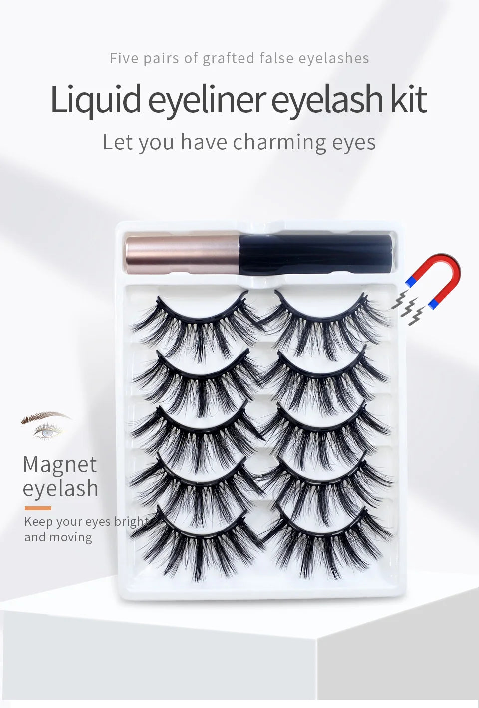 REDSIREN Natural Magnetic Lashes Makeup 1/5Pairs Reusable Magnetic  Eyelashes and Eyeliner Kit