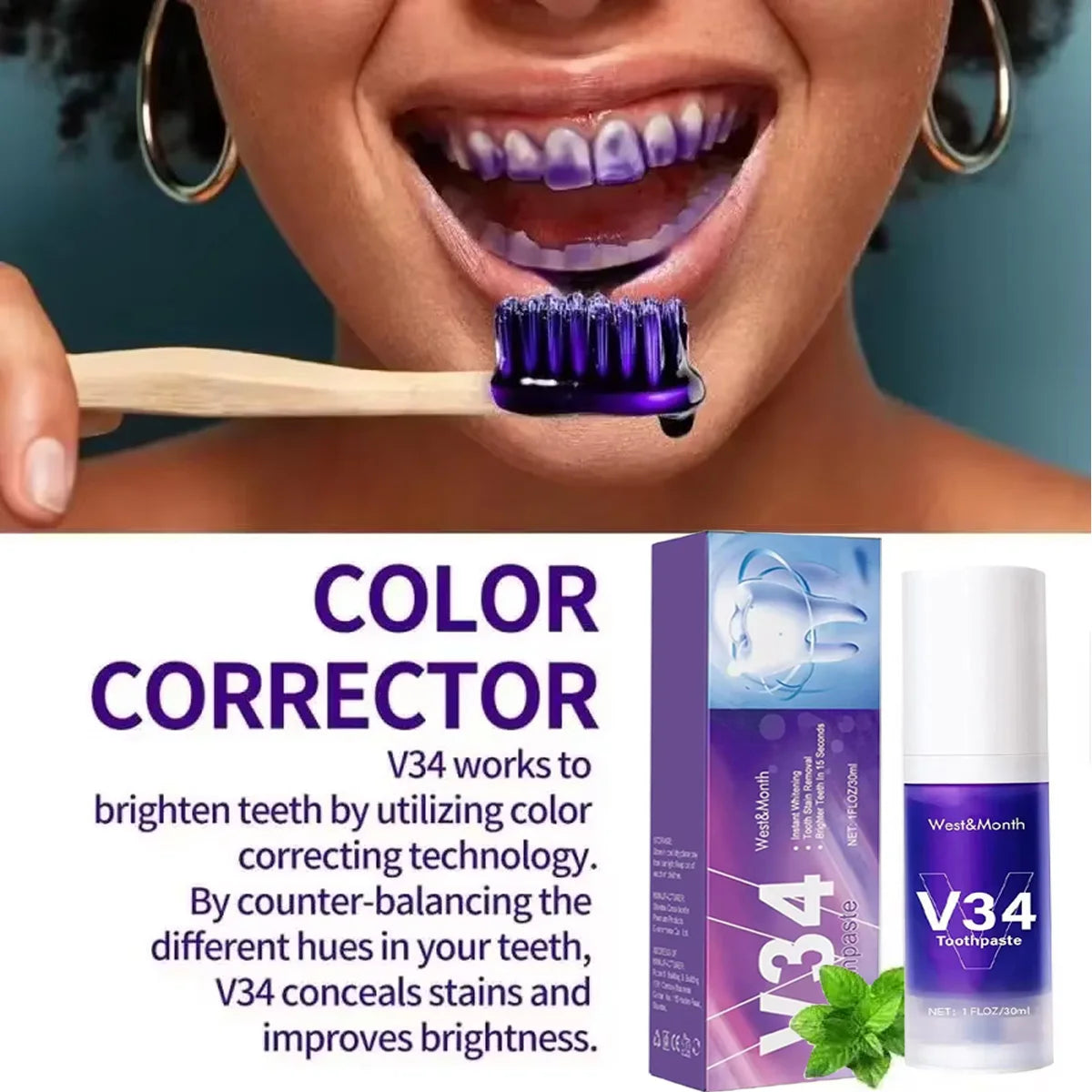 30ml V34  Purple Toothpaste Clean Oral Hygiene Fresh Breath Removes Tartar