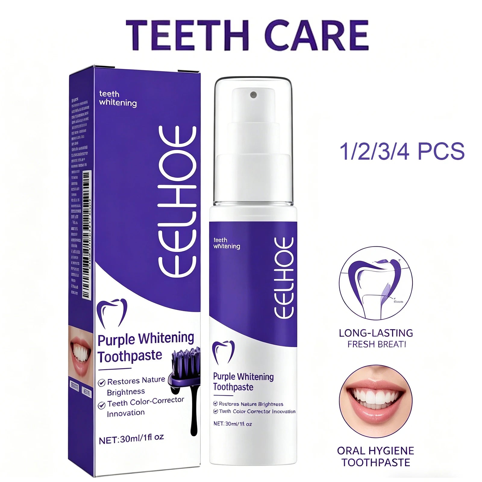 Purple Toothpaste Teeth Whitening Remove Yellow Stains Fights Tartar Fresh Breath Oral Hygiene Teeth Care Cleaning Toothpaste
