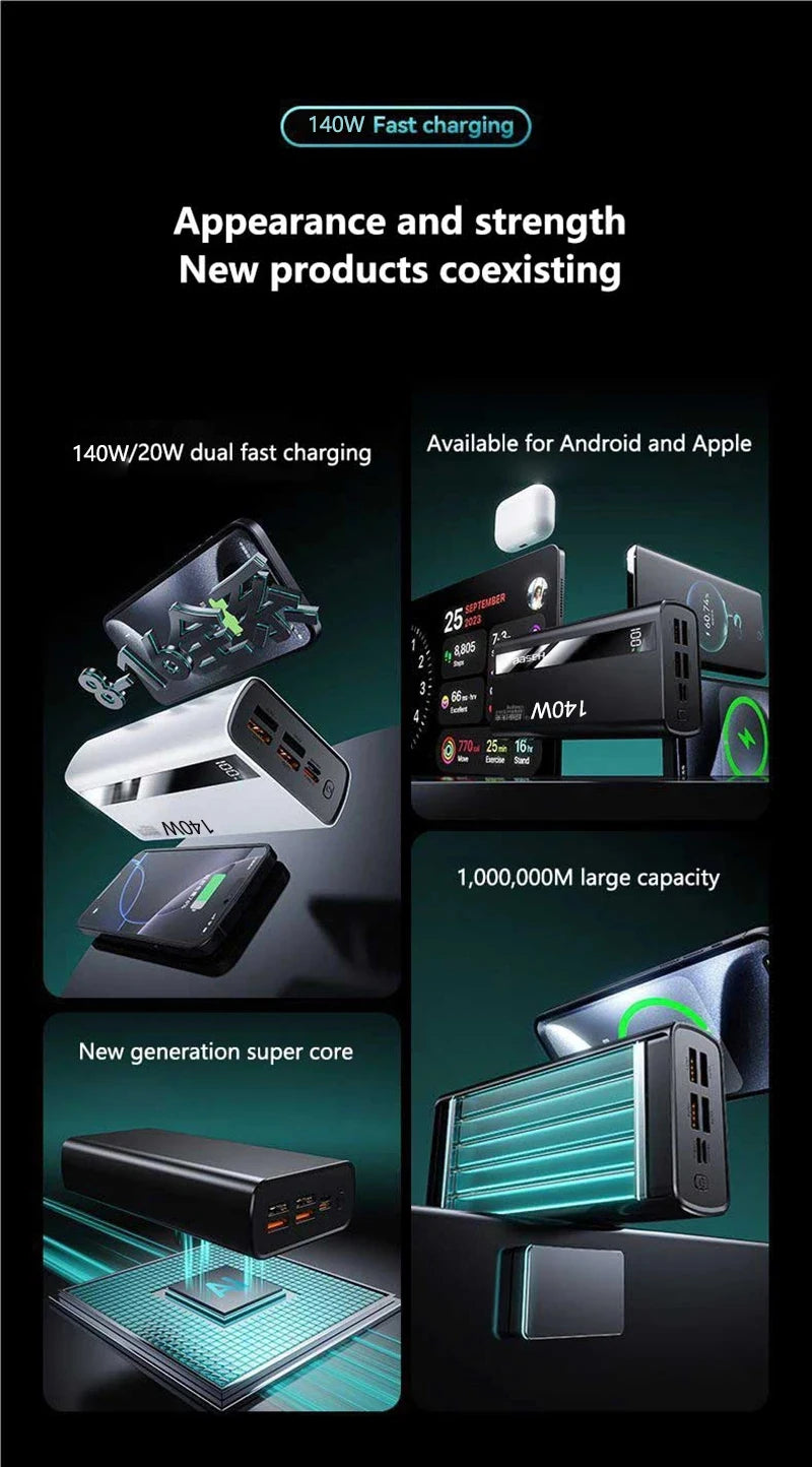 Lenovo 100000mAh CCC Powerbank 140W Super Fast Charging Portable Battery Charger Ultra Capacity LED Digital Display For IPhone