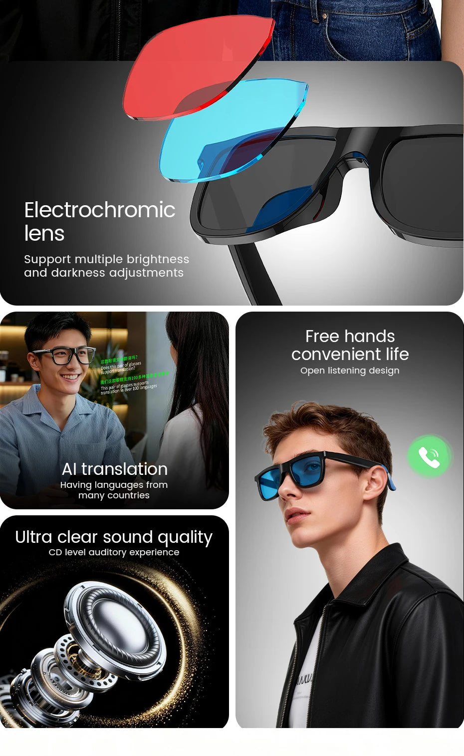 2026 AI Smart Glasses Touch Color-change  Electrochromic Lens AI Translation ChatGPT BT Call Dual-mic Music Audio Sunglasses Men