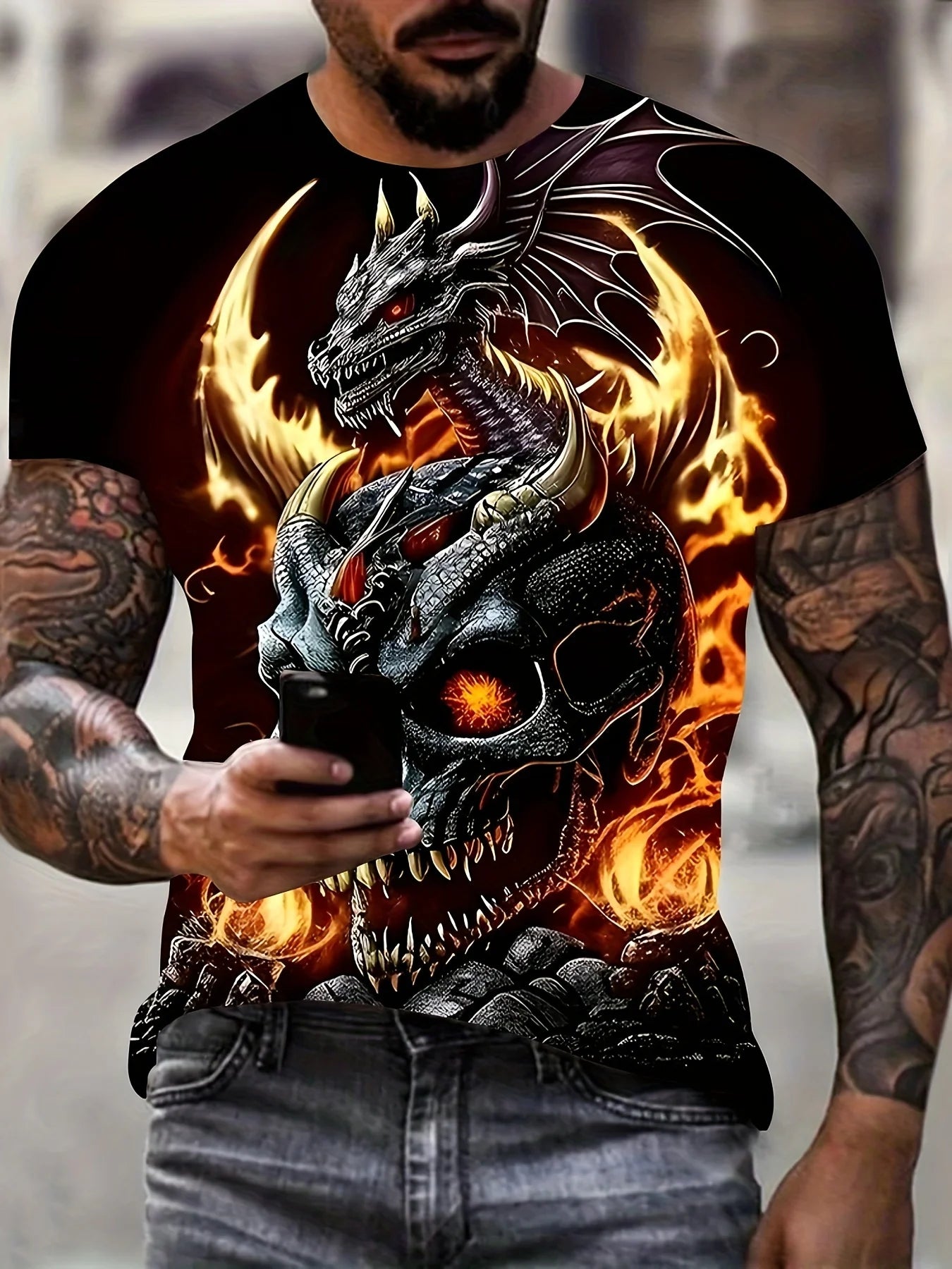 Mens Dragon Print Cotton Blend T-shirt - Stylish Crew Neck Comfortable & Breathable for Summer